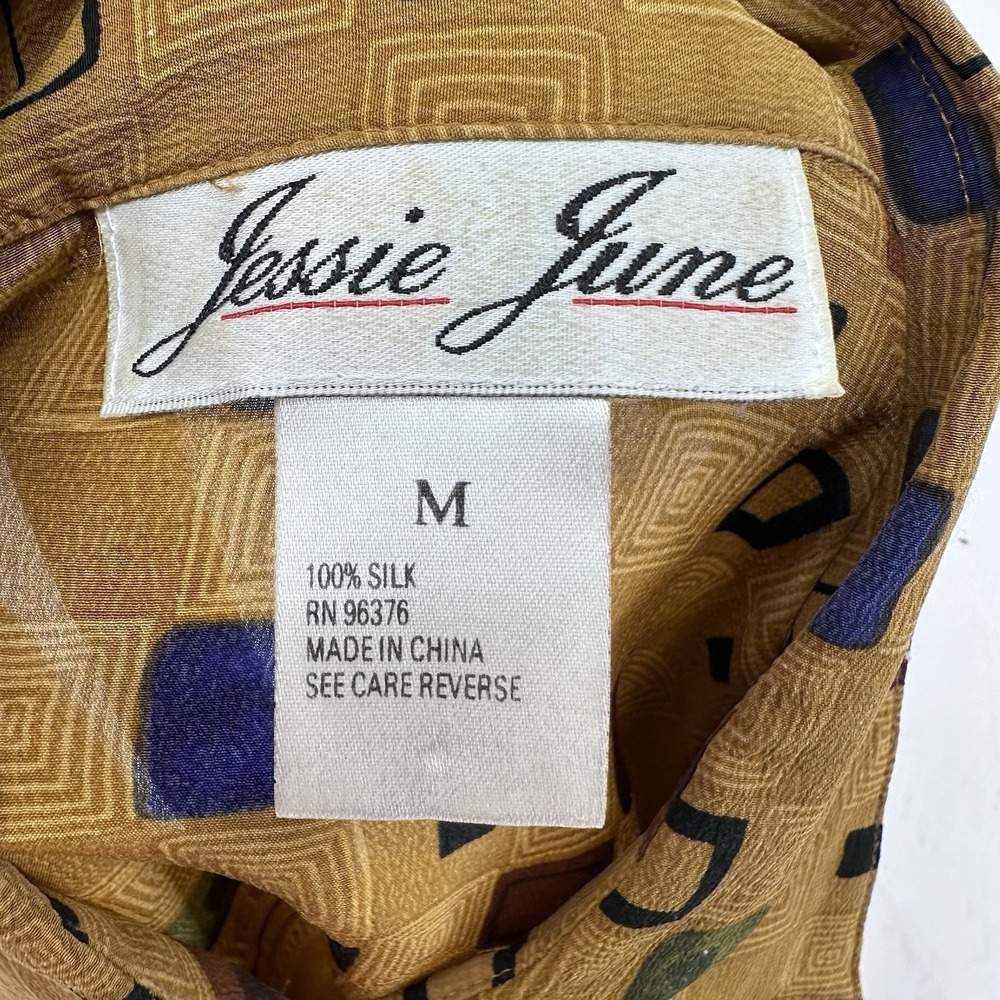 Vintage Jessie June Button Up Blouse Womens M‎ 100% Silk Gold Geometric Print - Picture 7 of 10